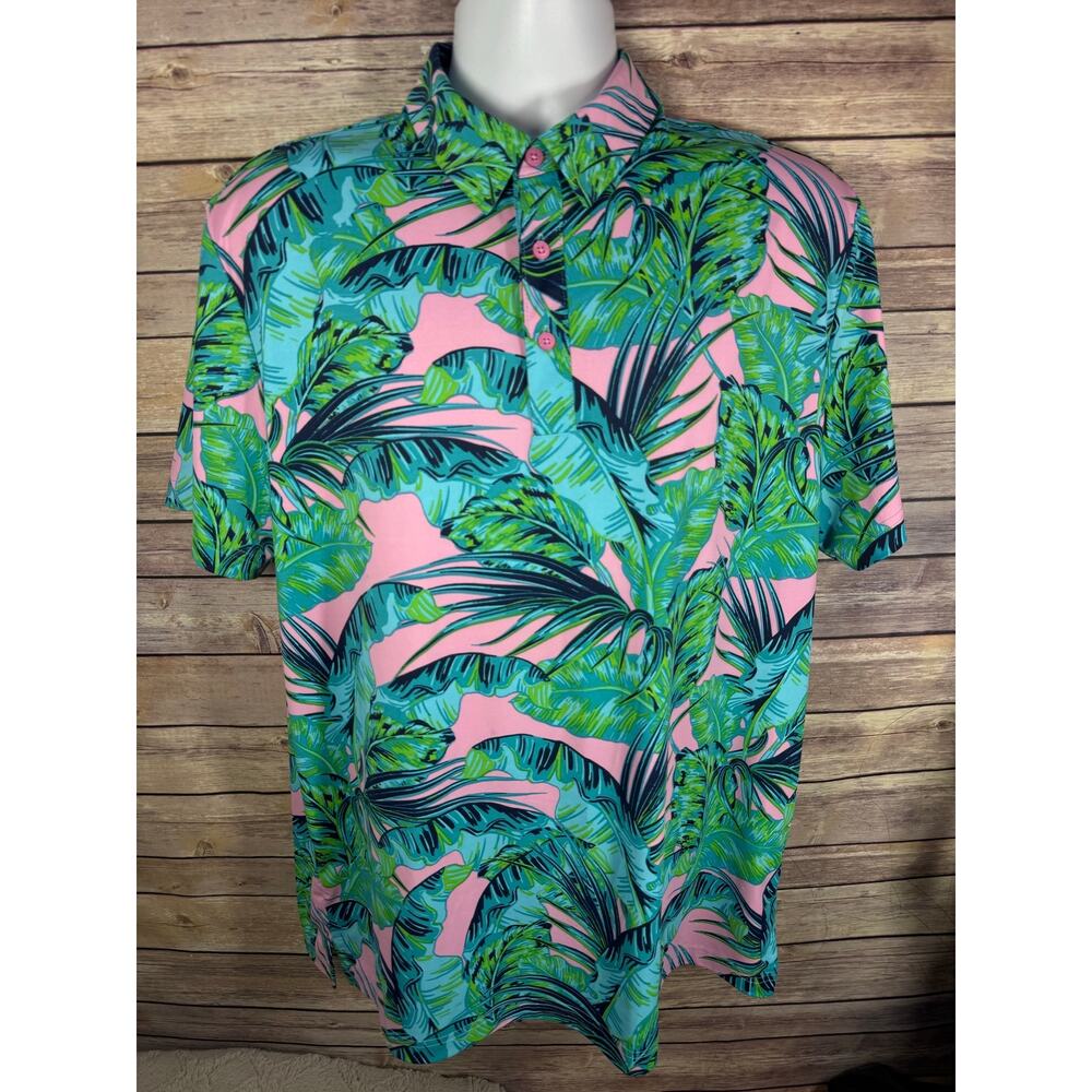 Birdie Bound Men’s Large Green Tropical Performance Golf Polo – Stretch Shirt